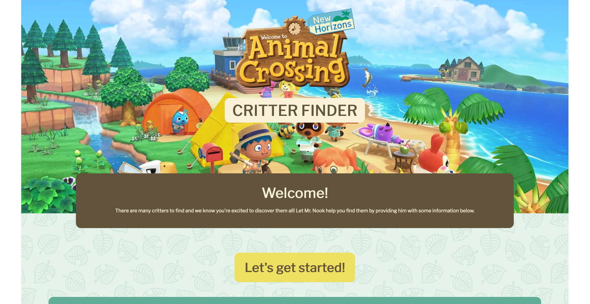 Image shows the landing page of the Critter Finder website